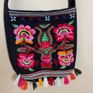 Moyna Black Canvas Floral Embroidered Cross Body Shoulder Bag.